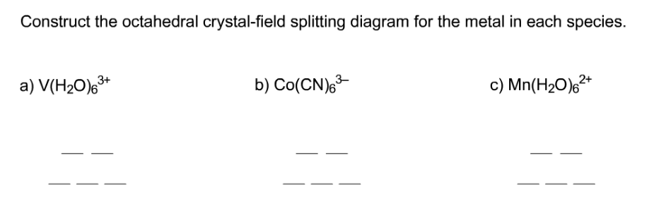 construct the octahedral crystal-field splitting diagram for the metal in each species