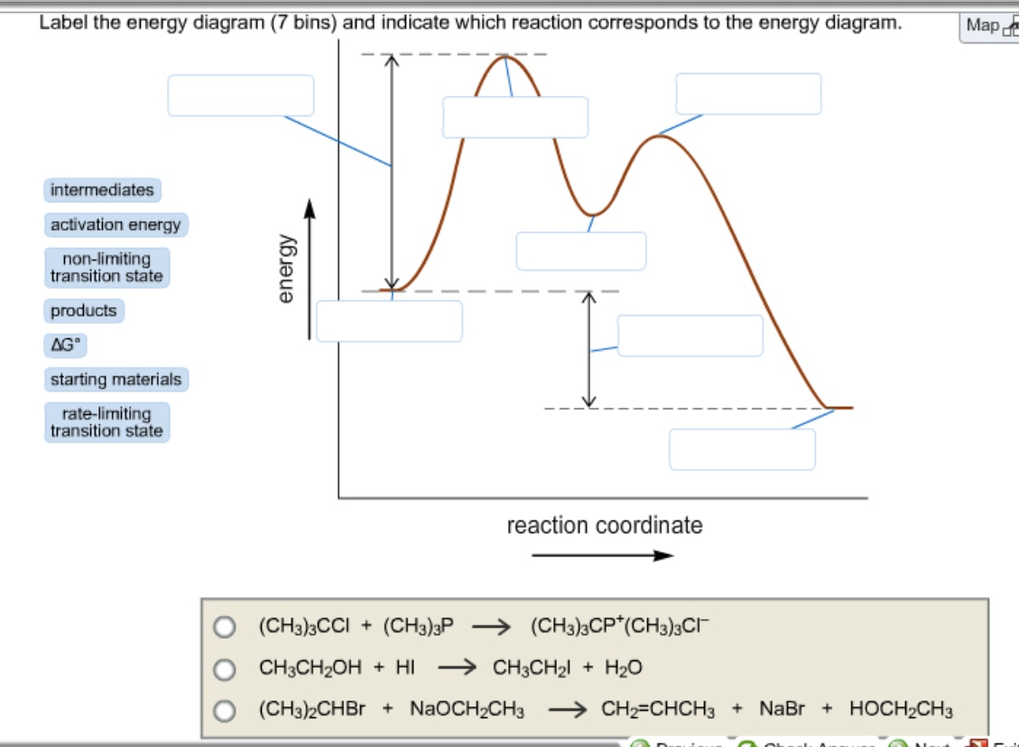 label the energy diagram (7 bins) and indicate which reaction corresponds to the energy diagram.
