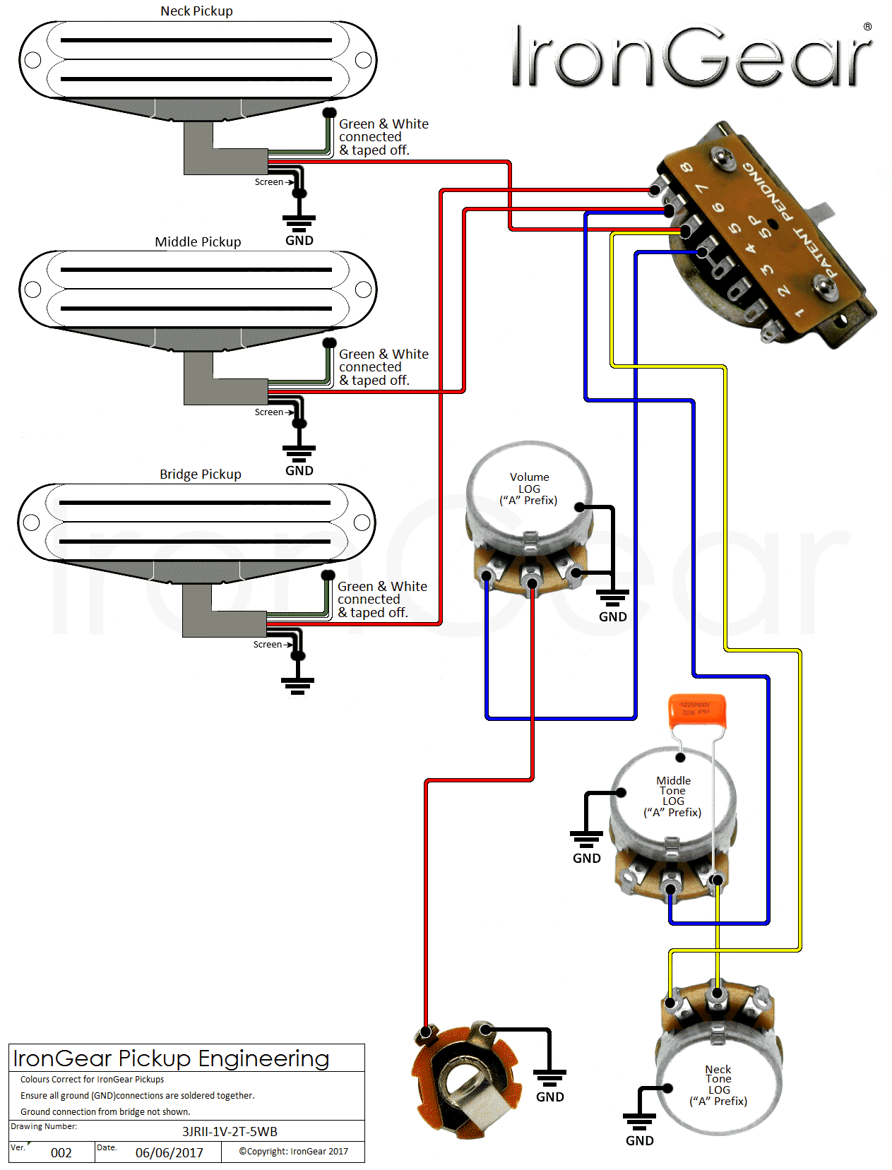 wiring diagram for 2 humbucker guitar with 3 way import lever switch 1 volume 1 tone