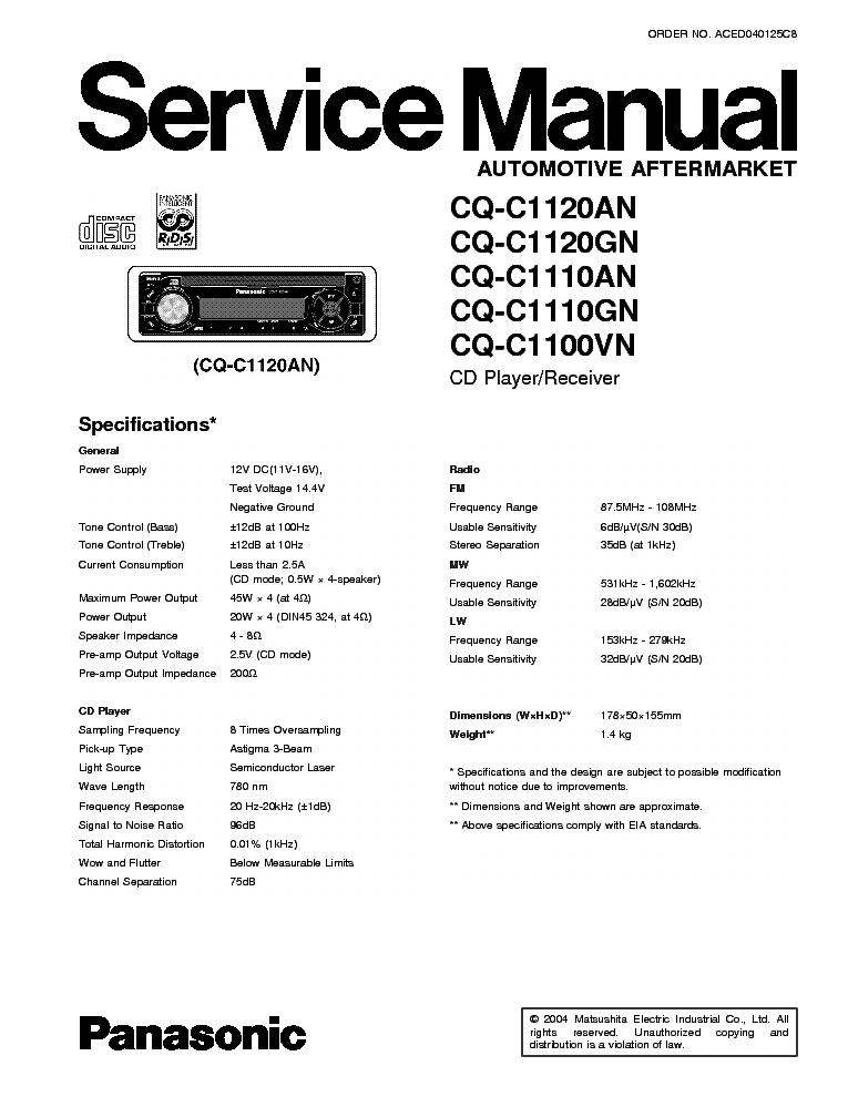 wiring diagram for a panasonic car stereo model number cq c1100