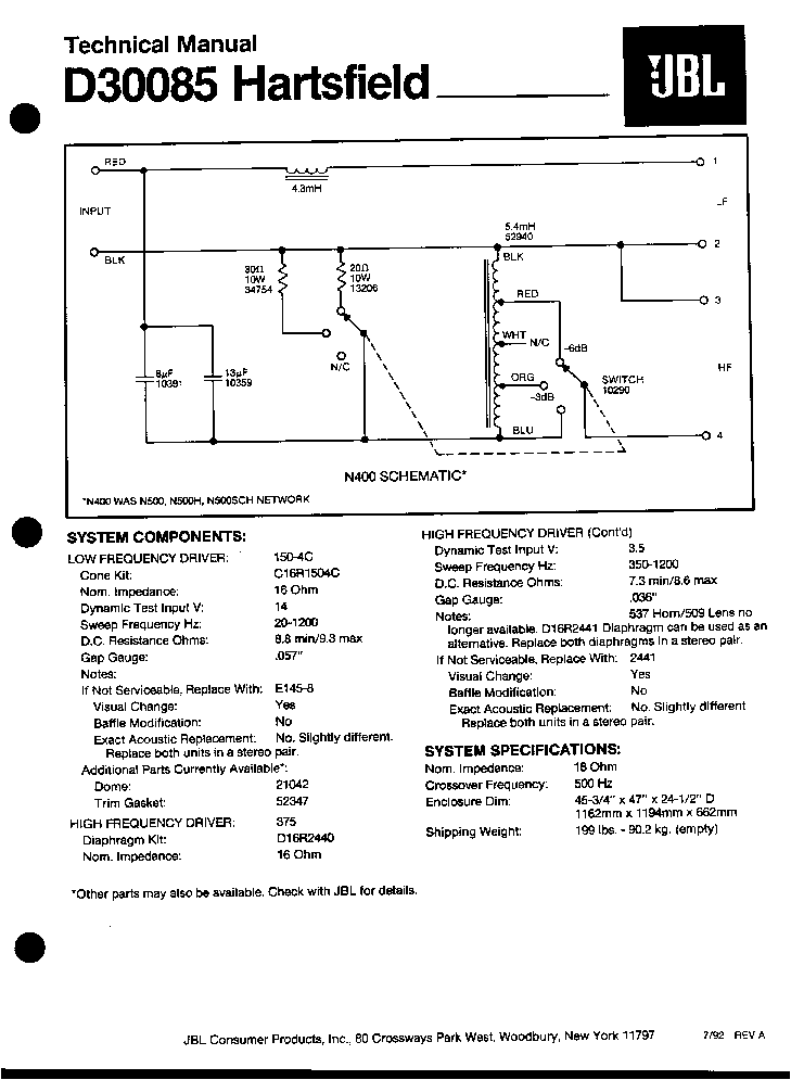 wiring diagram jbl crossover network 73233-01