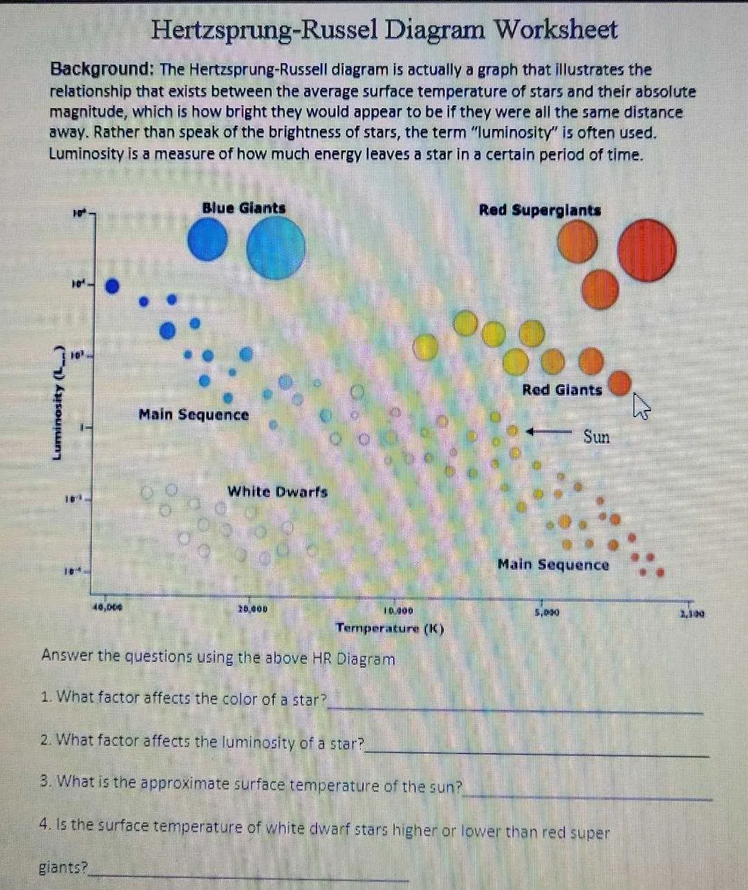 hertzsprung russell diagram worksheet
